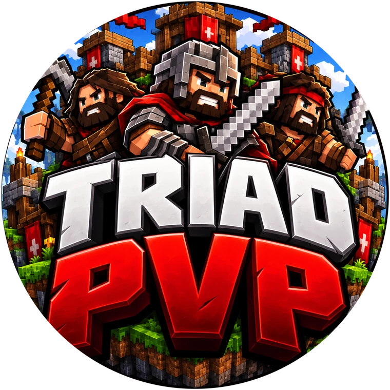 Brasão do TriadPvP: três guerreiros de Minecraft sobre o nome TRIAD PVP.