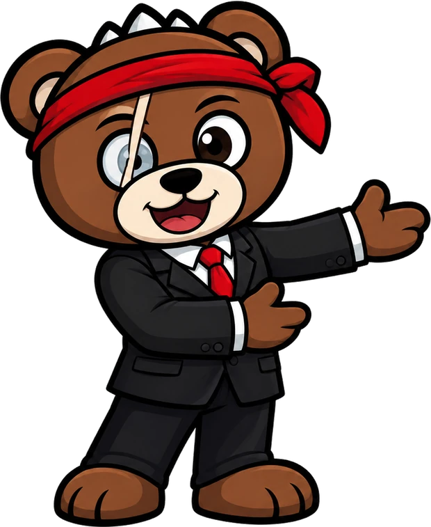 Brutus, o urso mascote do TriadPvP, de terno e bandana vermelha, apresentando os três passos.