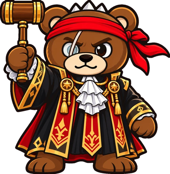 Brutus vestido de juiz, com uma balança de cristal numa mão e o livro das regras na outra