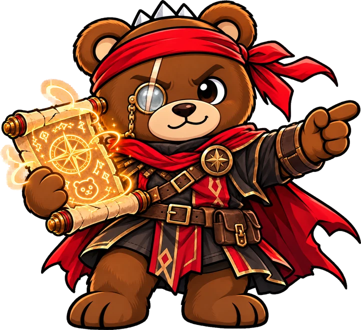 Brutus, o urso mascote do TriadPvP, com um mapa brilhante na mão, apontando para os três passos
