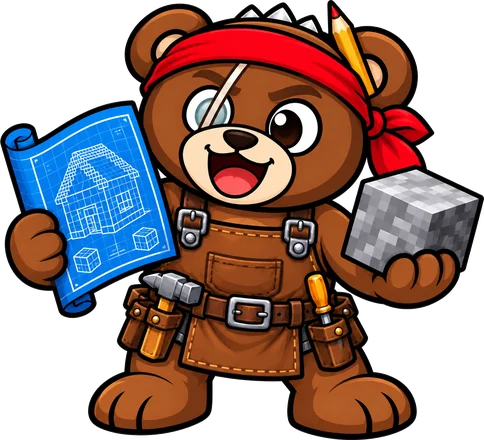 Brutus BUILDER, com planta de construção e bloco de pedra
